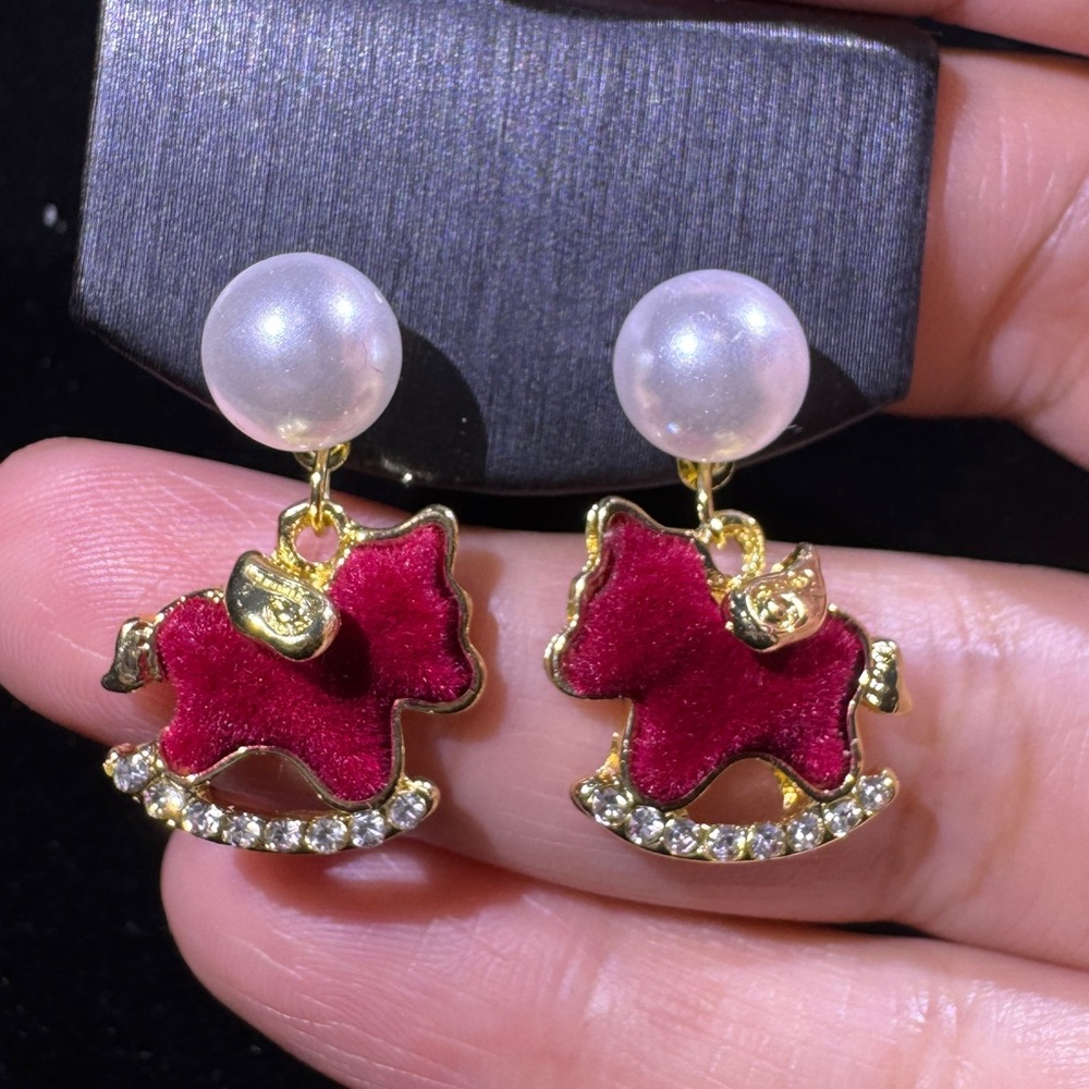 Red and Gold Rocking Horse Earrings- S925post